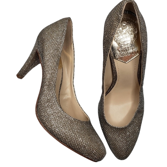 Vince Camuto | Champagne Gold Metallic Glam Chic Fabric Pumps Heels Women's 5 - Picture 1 of 11